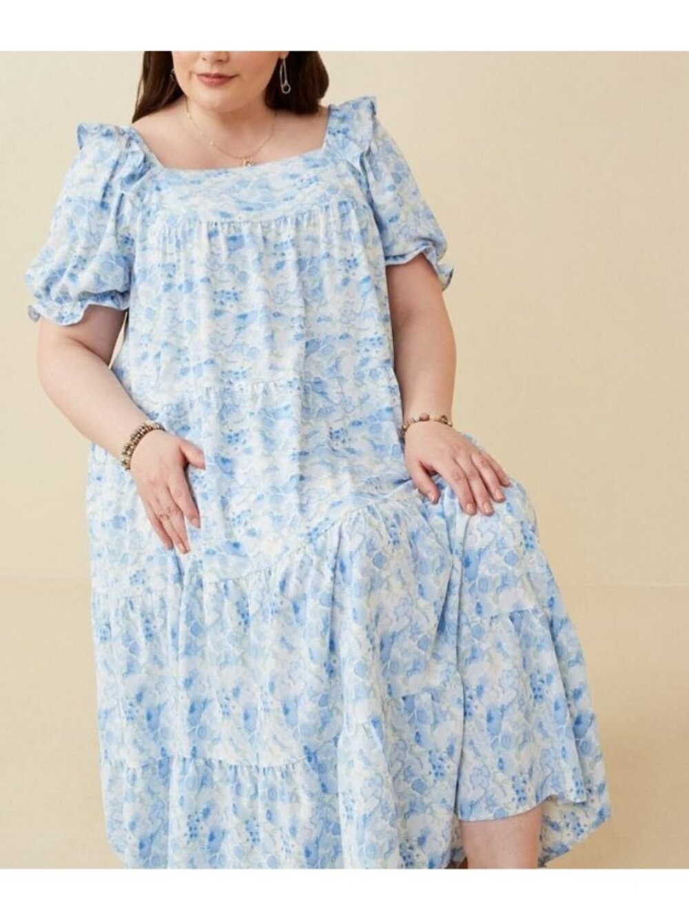 Hayden Blue Floral Dress Midi Ruffle Puffy Balloon Sleeve Watercolor Pocket 2XL